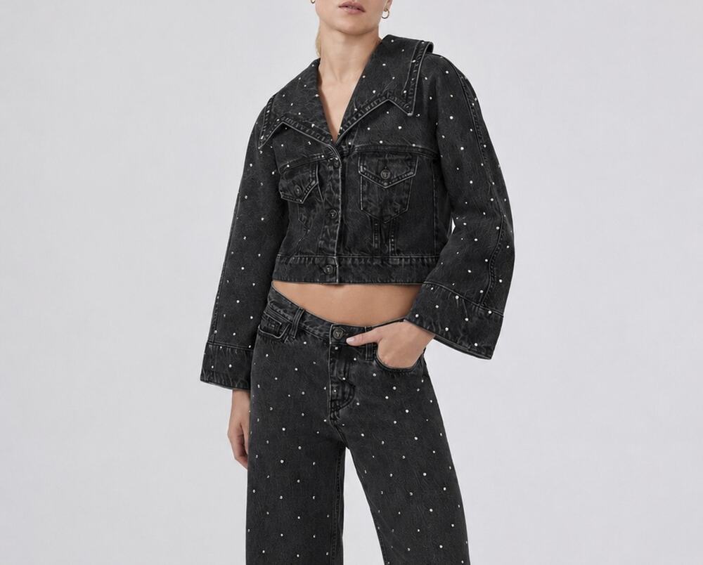 Hayley Menzies NWT Studded Acid Wash Black Denim Bell Sleeve Jacket XS $665